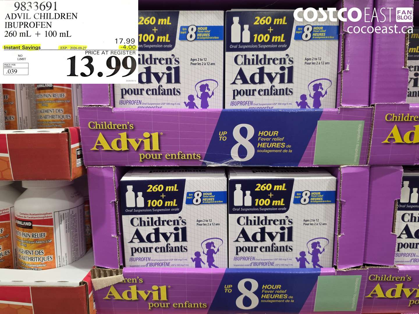 9833691 ADVIL CHILDREN IBUPROFEN 260 ML + 100 ML ($4.00 INSTANT SAVINGS EXPIRES ON 2026-09-27) $13.99