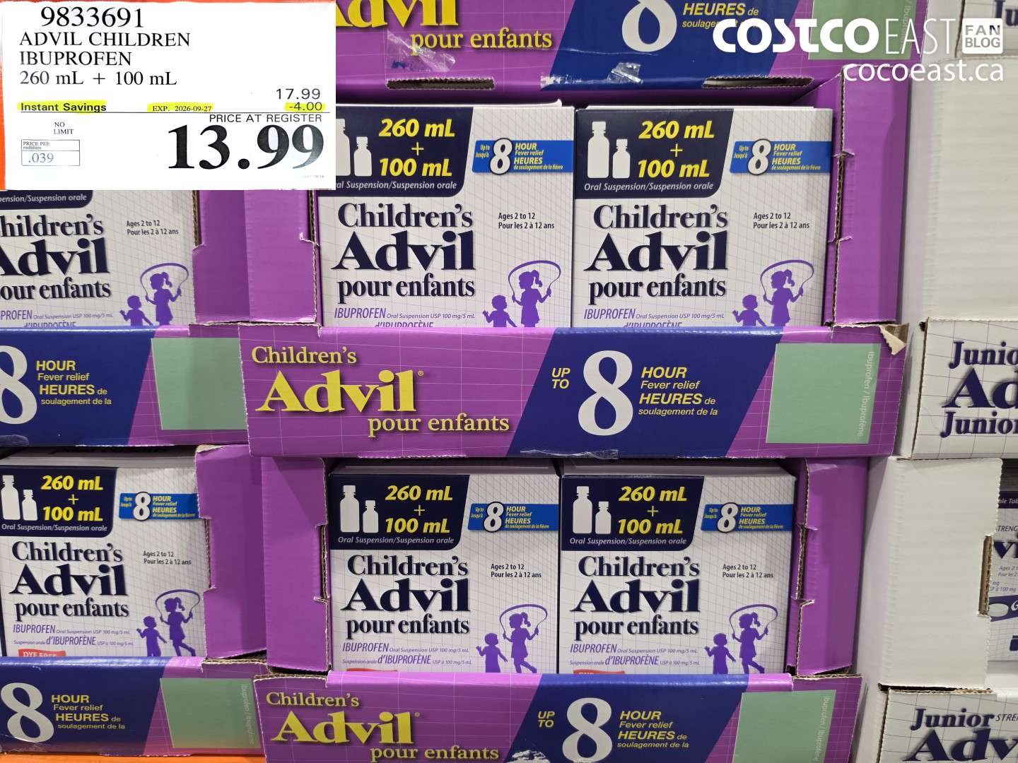 9833691 ADVIL CHILDREN IBUPROFEN 260 ML + 100 ML ($4.00 INSTANT SAVINGS EXPIRES ON 2026-09-27) $13.99