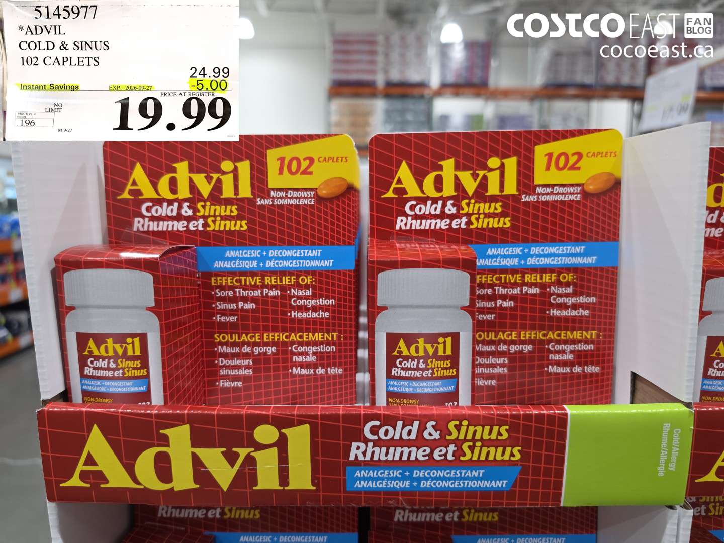 5145977 ADVIL COLD & SINUS 102 CAPLETS ($5.00 INSTANT SAVINGS EXPIRES ON 2026-09-27) $19.99