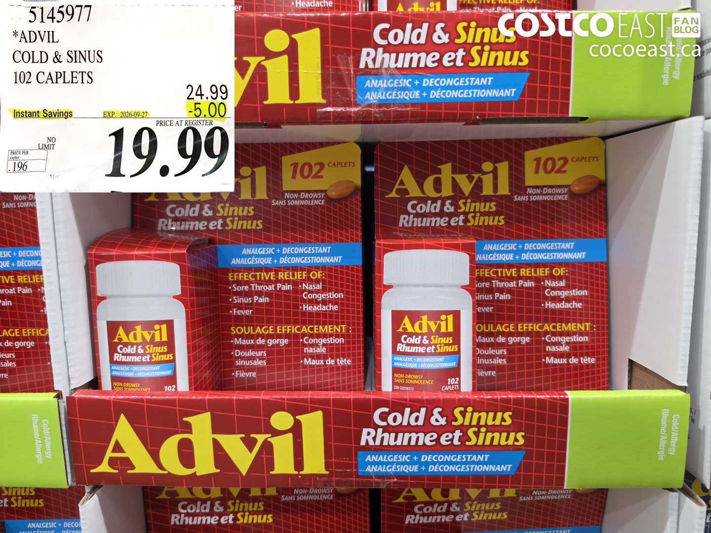 5145977 ADVIL COLD & SINUS 102 CAPLETS ($5.00 INSTANT SAVINGS EXPIRES ON 2026-09-27) $19.99