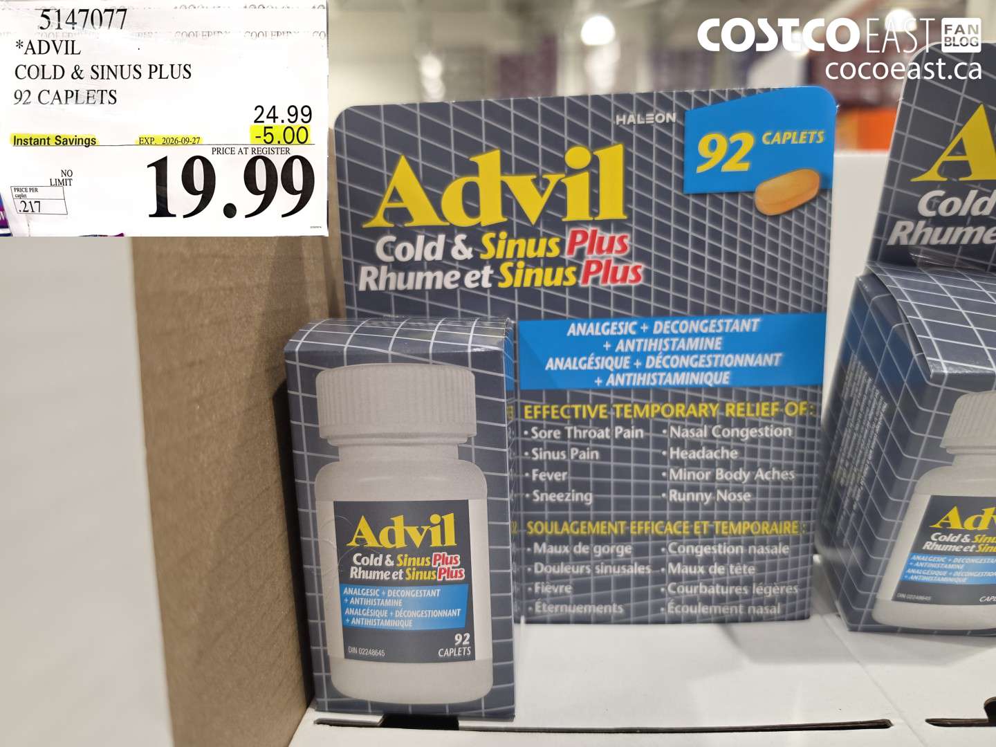 5147077 ADVIL COLD & SINUS PLUS 92 CAPLETS ($5.00 INSTANT SAVINGS EXPIRES ON 2026-09-27) $19.99