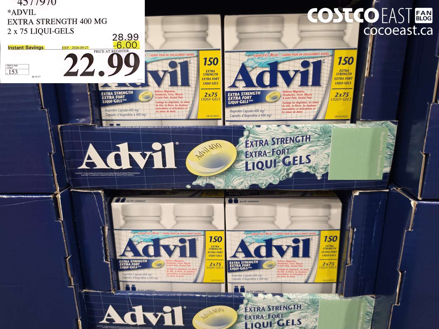 4577970 ADVIL EXTRA STRENGTH 400 MG 2 X 75 LIQUI-GELS ($6.00 INSTANT SAVINGS EXPIRES ON 2026-09-27) $22.99