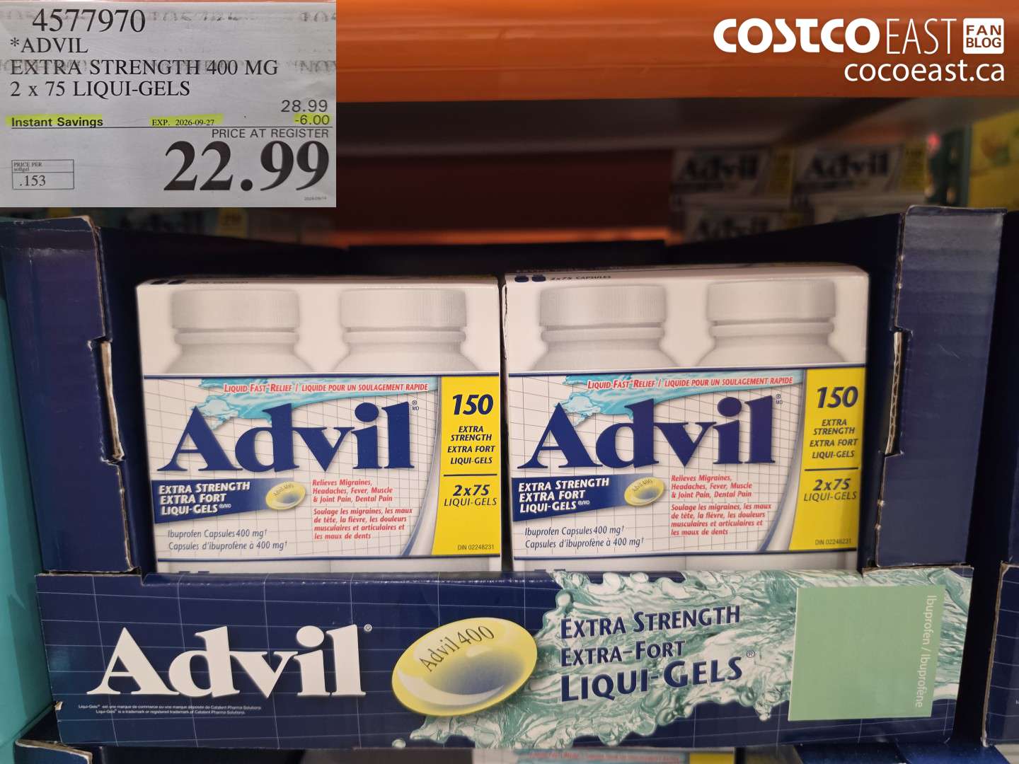 4577970 ADVIL EXTRA STRENGTH 400 MG 2 X 75 LIQUI-GELS ($6.00 INSTANT SAVINGS EXPIRES ON 2026-09-27) $22.99