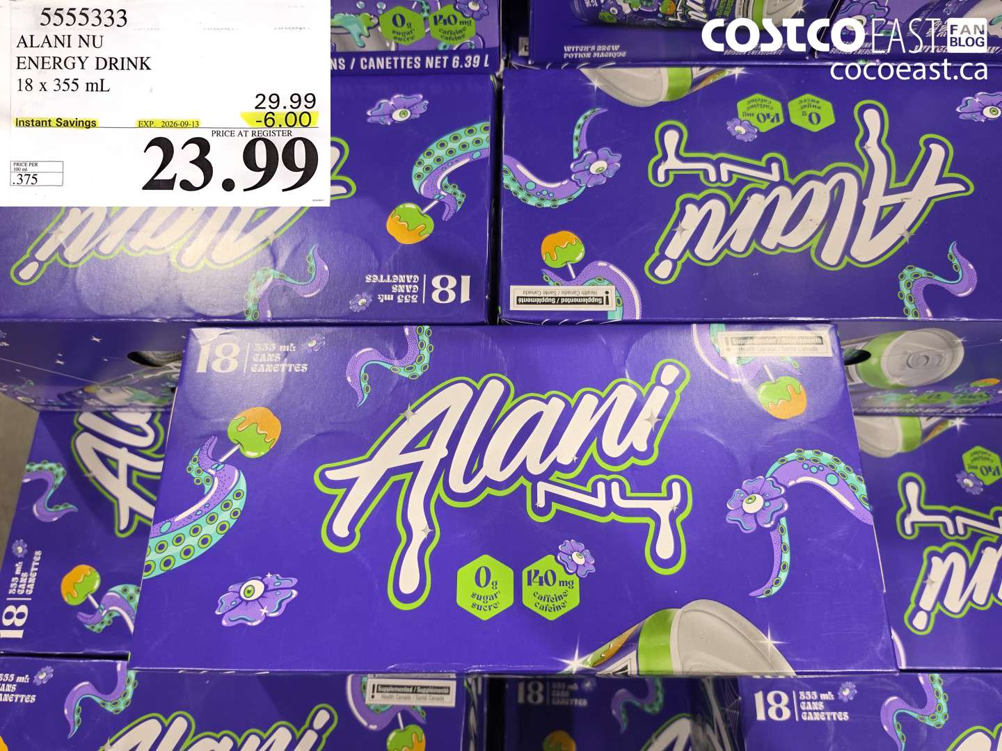 5555333 ALANI NU ENERGY DRINK 18 X 355 ML ($6.00 INSTANT SAVINGS EXPIRES ON 2026-09-13) $23.99