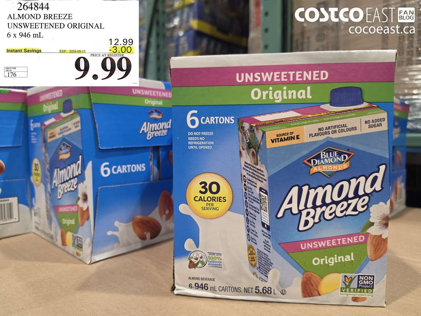 264844 ALMOND BREEZE UNSWEETENED ORIGINAL 6 X 946 ML ($3.00 INSTANT SAVINGS EXPIRES ON 2026-09-13) $9.99