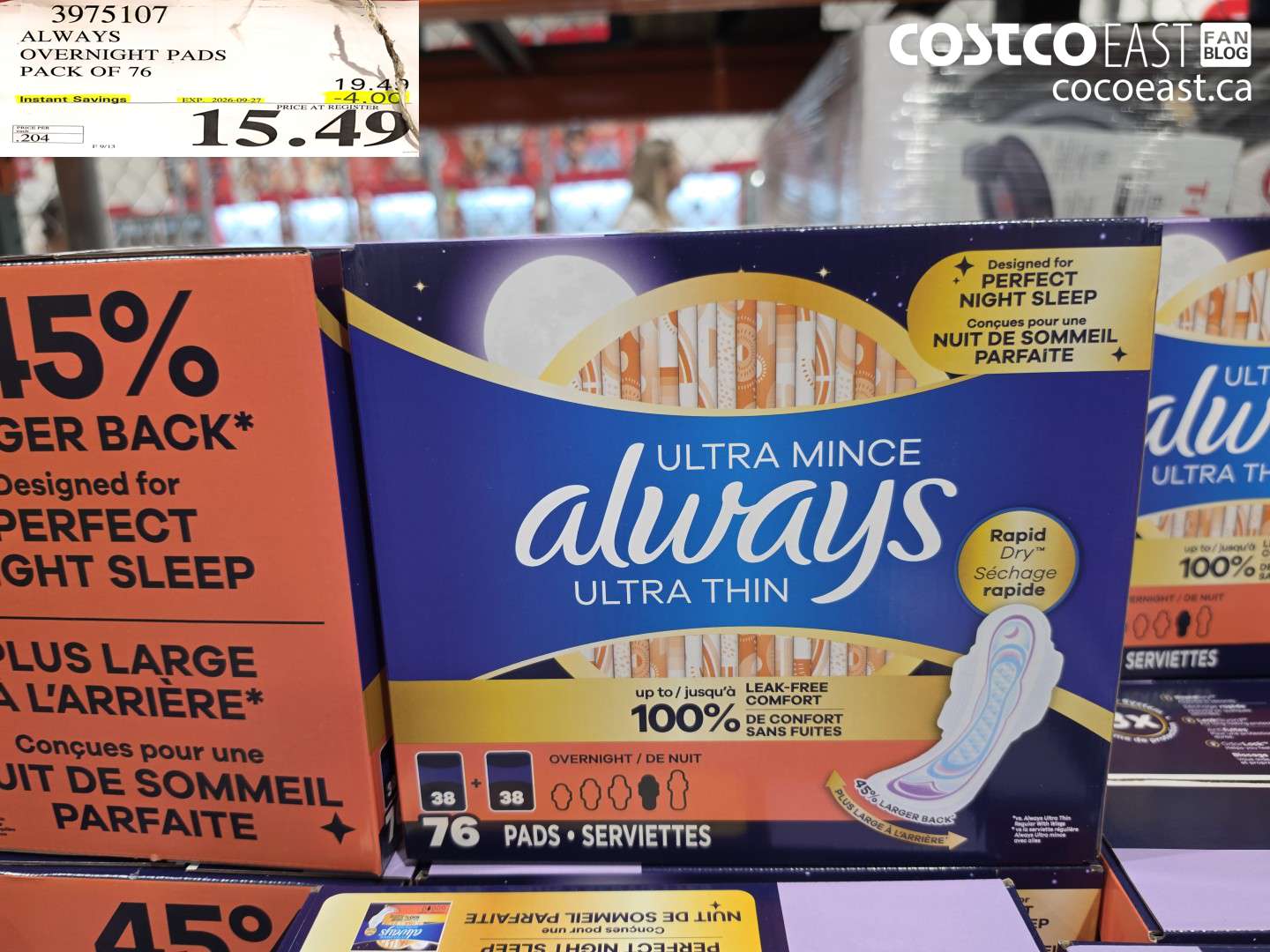 3975107 ALWAYS OVERNIGHT PADS PACK OF 76 ($4.00 INSTANT SAVINGS EXPIRES ON 2026-09-27) $15.49