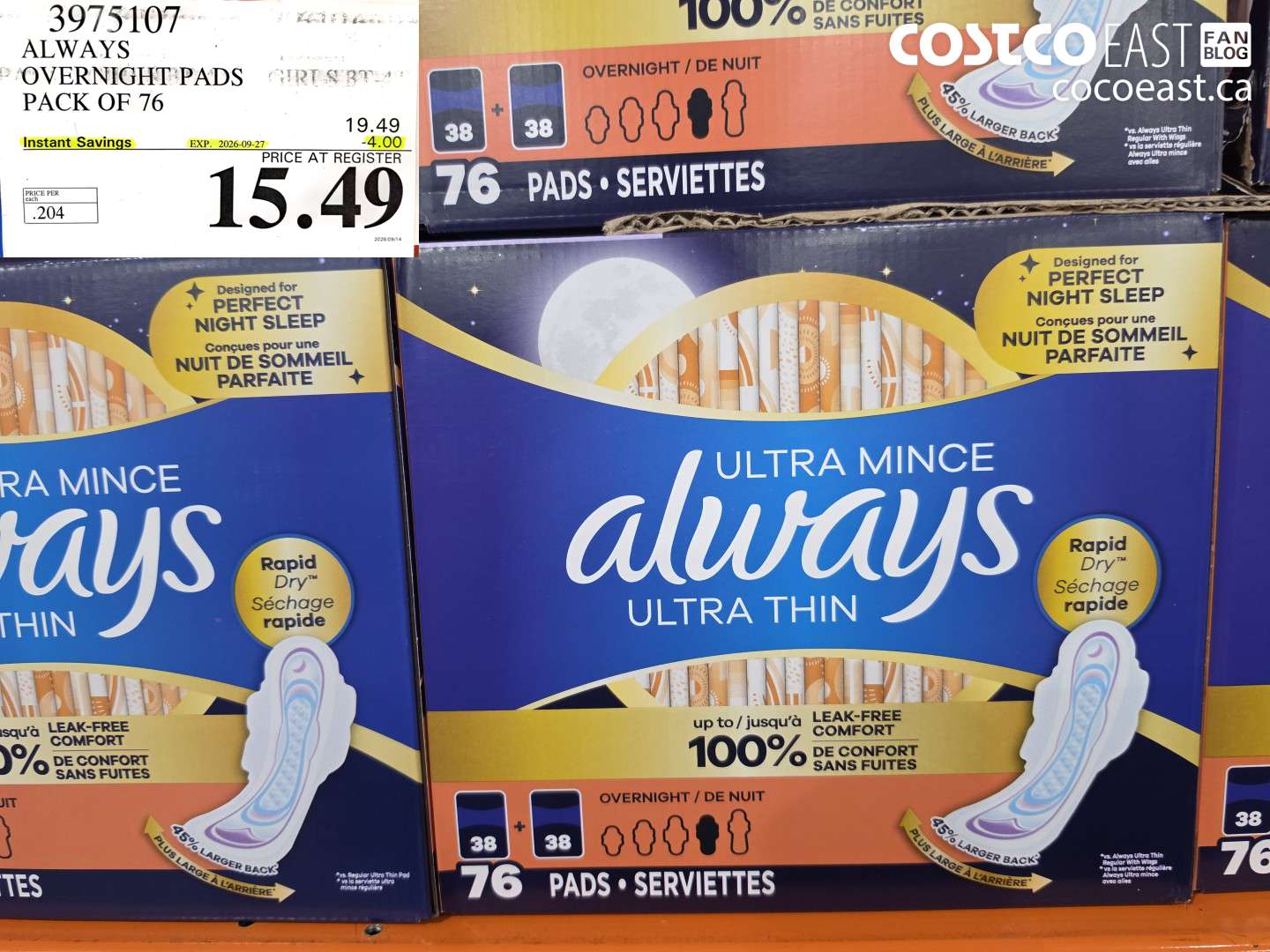 3975107 ALWAYS OVERNIGHT PADS PACK OF 76 ($4.00 INSTANT SAVINGS EXPIRES ON 2026-09-27) $15.49