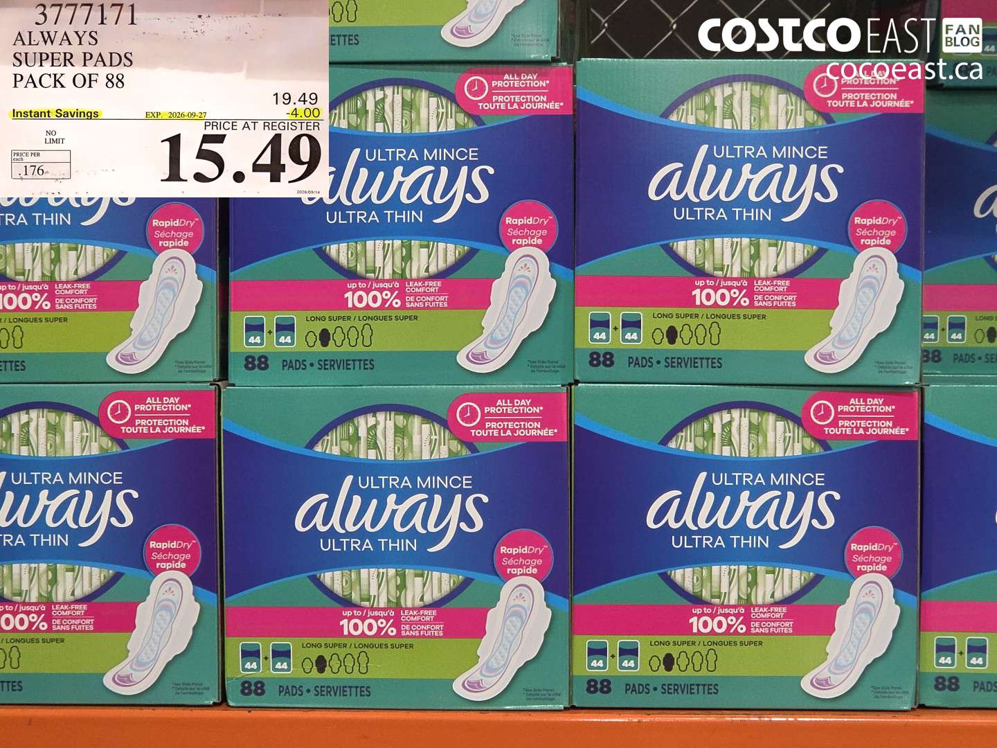 3777171 ALWAYS SUPER PADS PACK OF 88 ($4.00 INSTANT SAVINGS EXPIRES ON 2026-09-27) $15.49