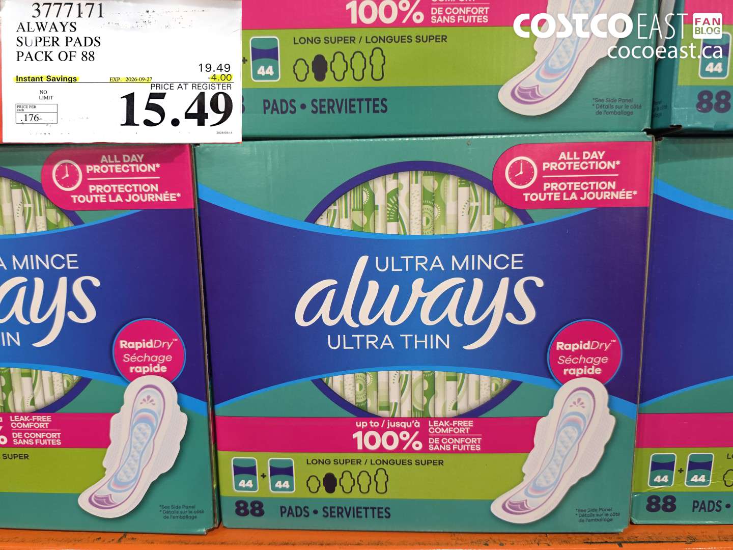 3777171 ALWAYS SUPER PADS PACK OF 88 ($4.00 INSTANT SAVINGS EXPIRES ON 2026-09-27) $15.49
