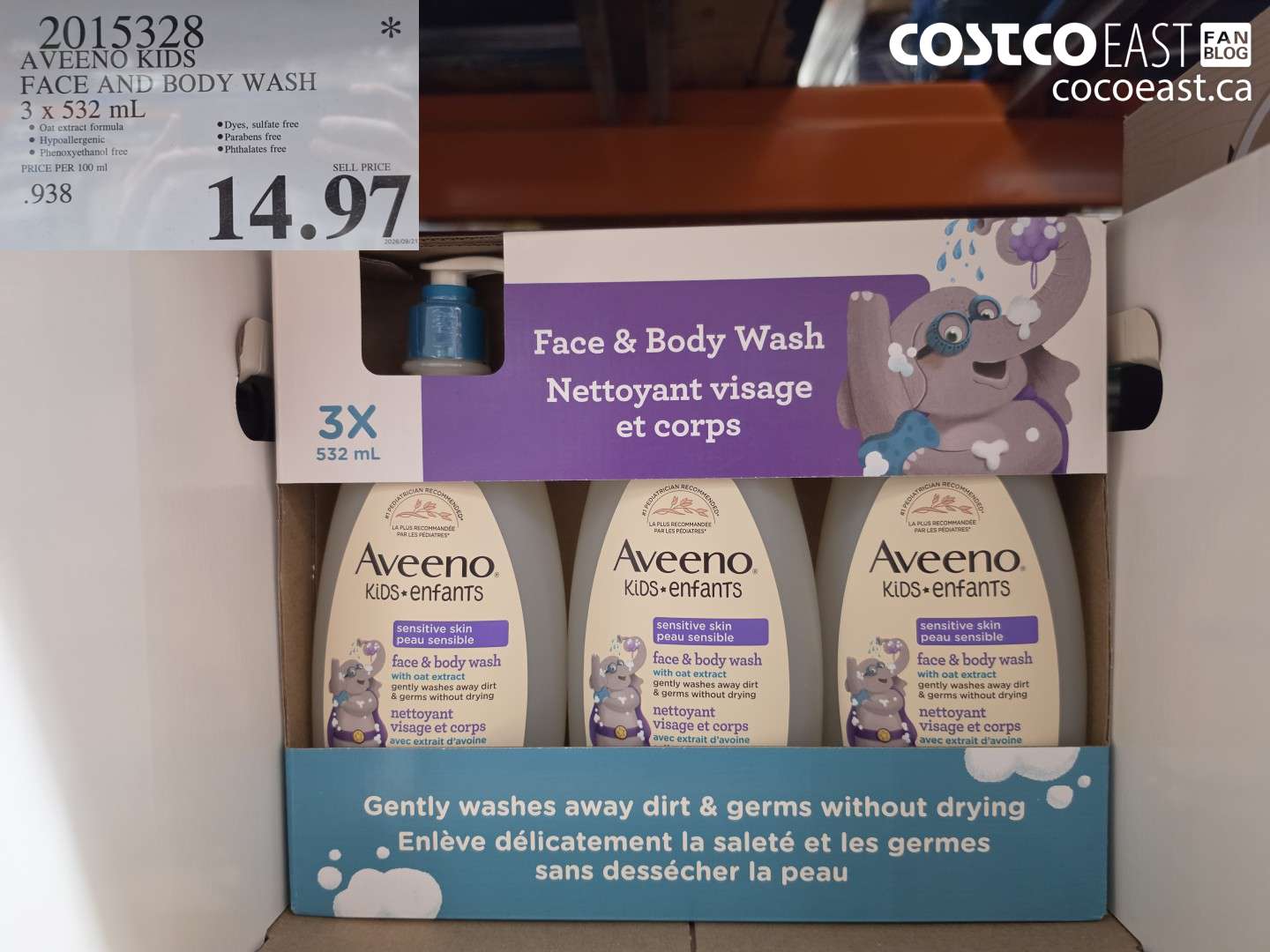 2015328 AVEENO KIDS FACE AND BODY WASH 3 X 532 ML $14.97