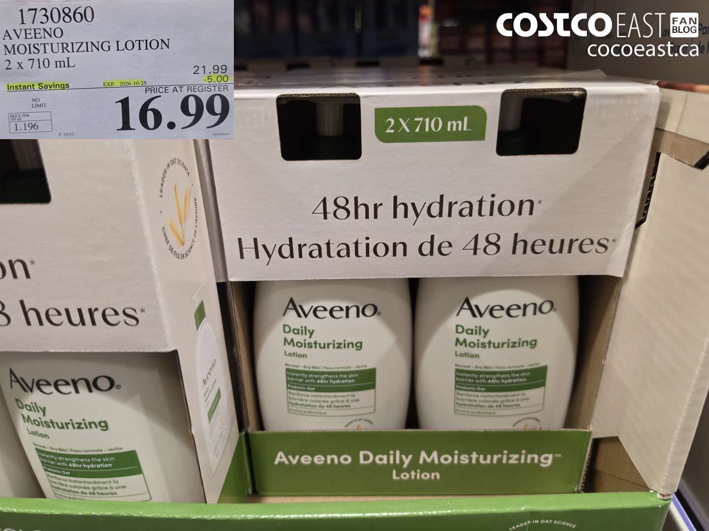 1730860 AVEENO MOISTURIZING LOTION 2 X 710 ML ($5.00 INSTANT SAVINGS EXPIRES ON 2026-10-25) $16.99