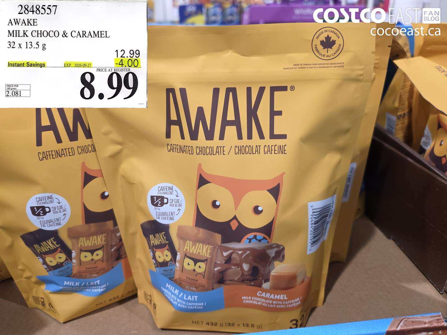 2848557 AWAKE MILK CHOCO & CARAMEL 32 X 13.5 G ($4.00 INSTANT SAVINGS EXPIRES ON 2026-09-27) $8.99