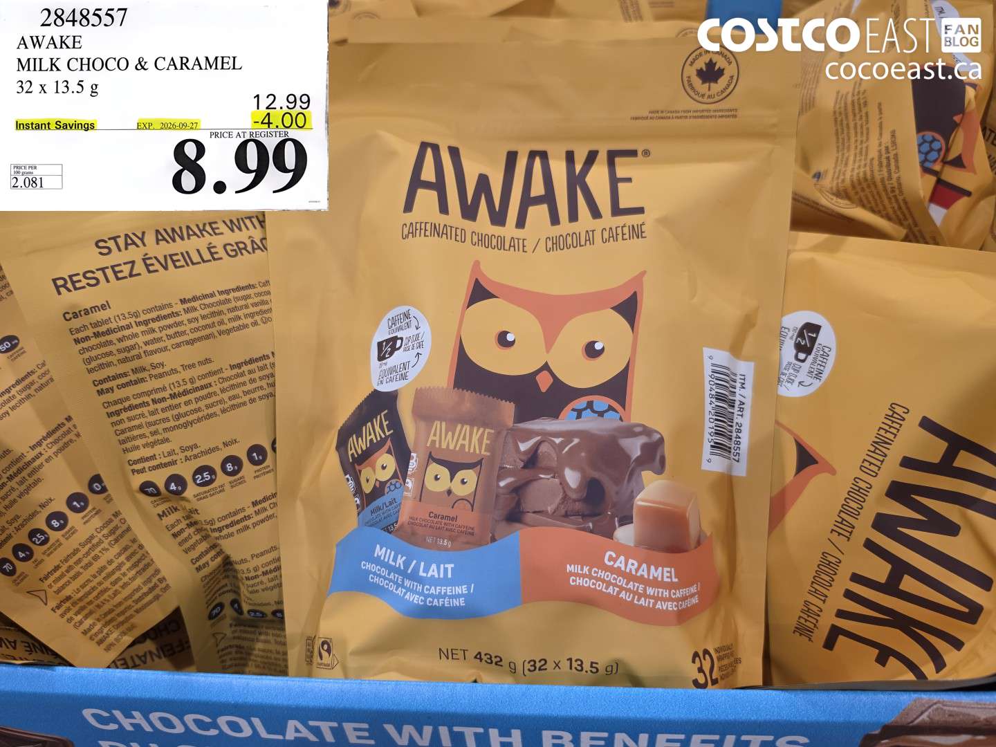 2848557 AWAKE MILK CHOCO & CARAMEL 32 X 13.5 G ($4.00 INSTANT SAVINGS EXPIRES ON 2026-09-27) $8.99