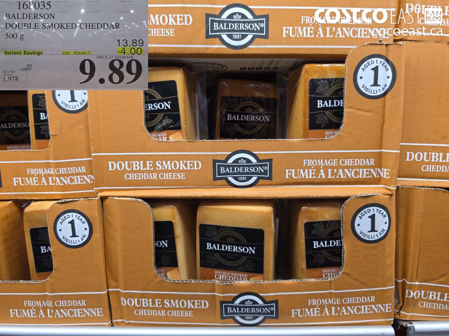 168035 BALDERSON DOUBLE SMOKED CHEDDAR 500 G ($4.00 INSTANT SAVINGS EXPIRES ON 2026-09-27) $9.89