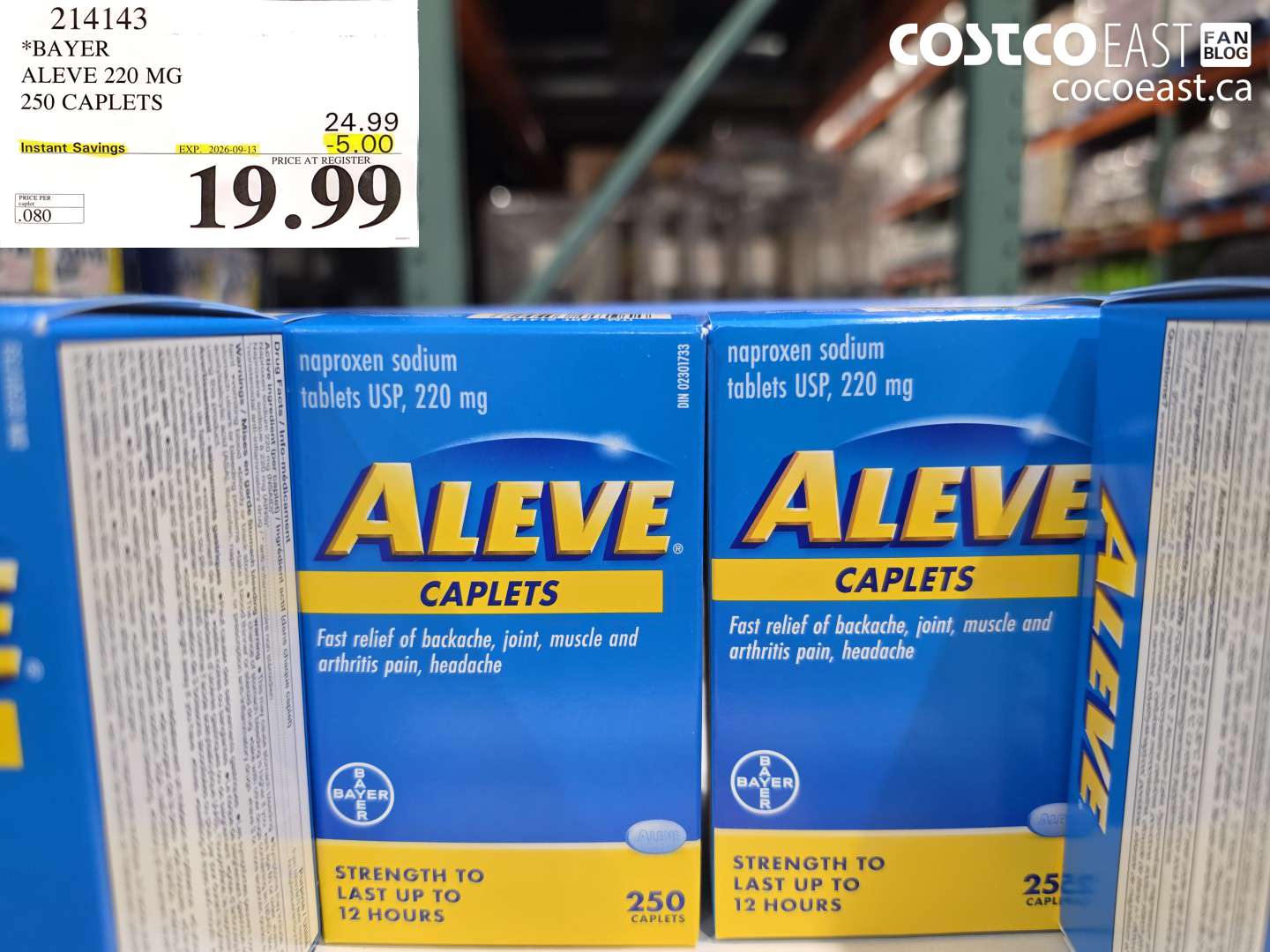 214143 BAYER ALEVE 220 MG 250 CAPLETS ($5.00 INSTANT SAVINGS EXPIRES ON 2026-09-13) $19.99