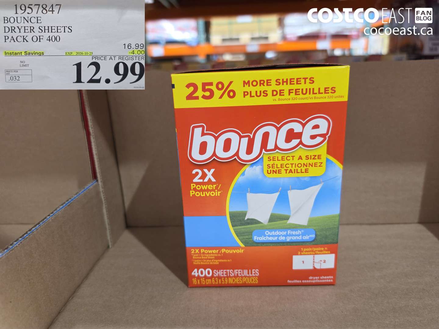 1957847 BOUNCE DRYER SHEETS PACK OF 400 ($4.00 INSTANT SAVINGS EXPIRES ON 2026-10-25) $12.99