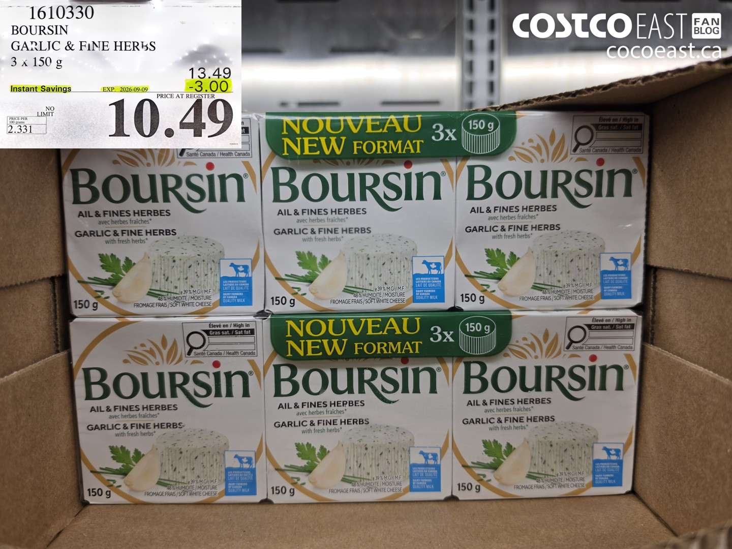 1610330 BOURSIN GARLIC & FINE HERBS 3 X 150 G ($3.00 INSTANT SAVINGS EXPIRES ON 2026-09-09) $10.49