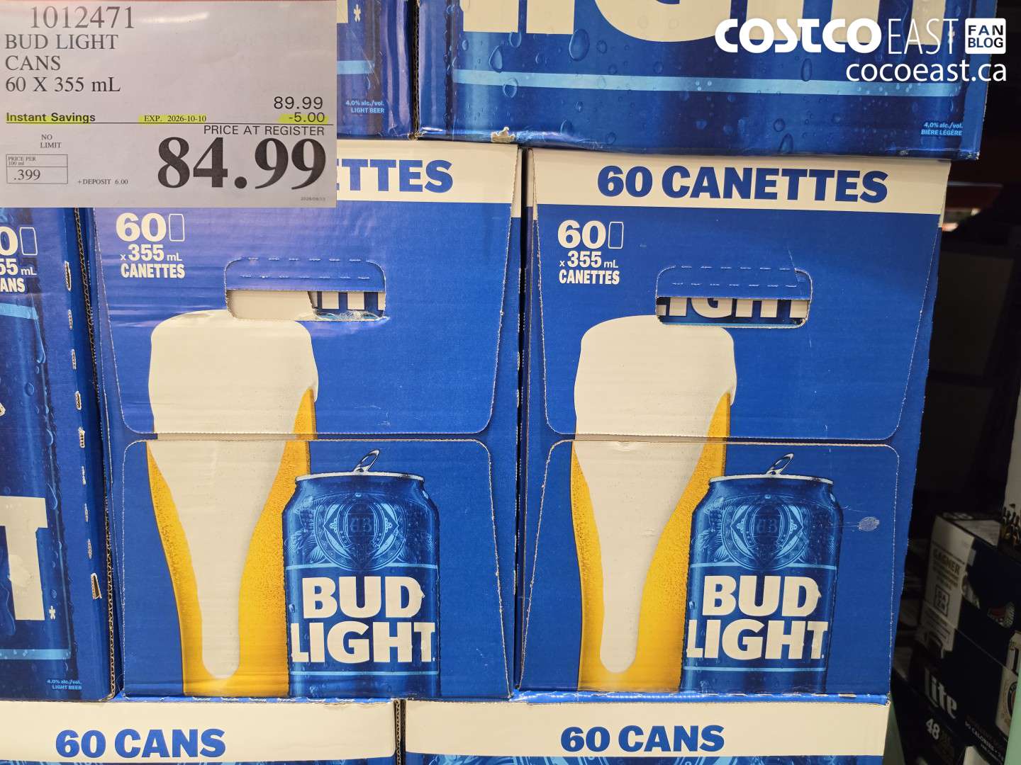 1012471 BUD LIGHT CANS 60 X 355 ML ($5.00 INSTANT SAVINGS EXPIRES ON 2026-10-10) $84.99