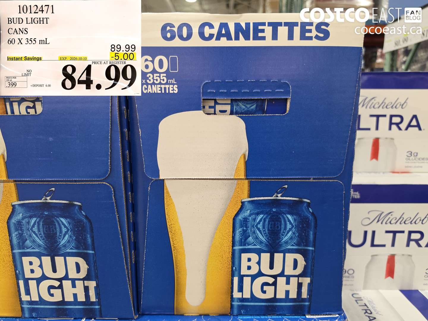 1012471 BUD LIGHT CANS 60 X 355 ML ($5.00 INSTANT SAVINGS EXPIRES ON 2026-10-10) $84.99