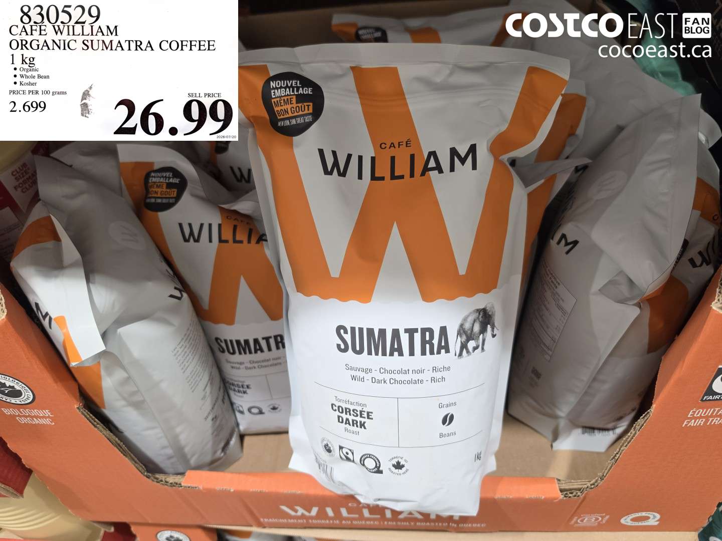 830529 CAFE WILLIAM ORGANIC SUMATRA COFFEE 1 KG $26.99