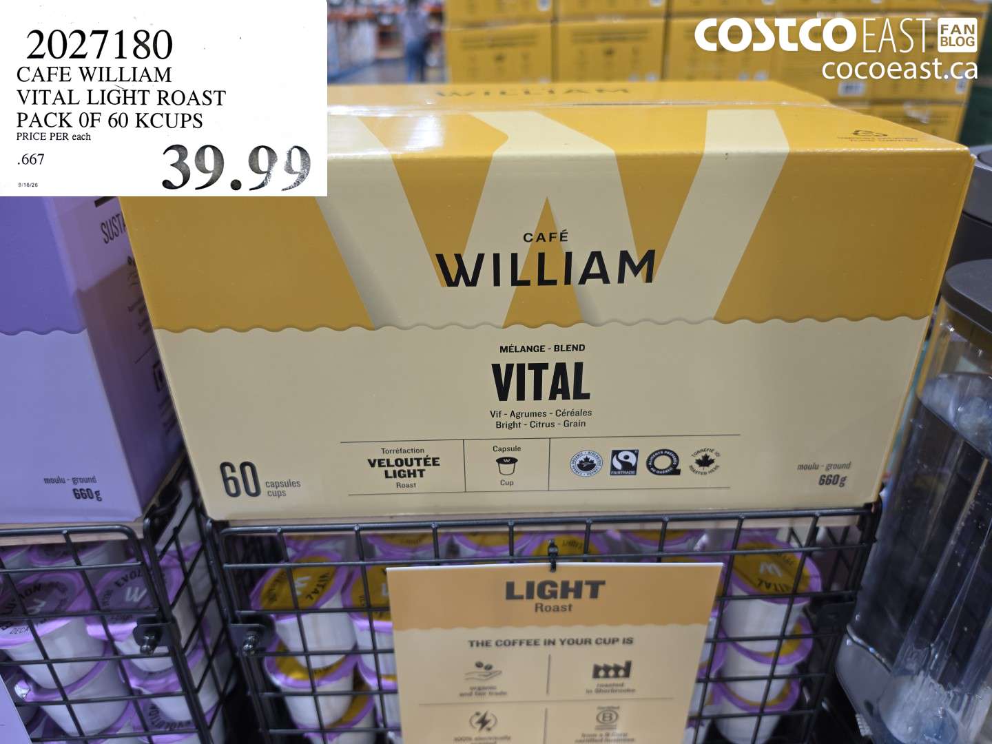 2027180 CAFE WILLIAM VITAL LIGHT ROAST PACK OF 60 KCUPS $39.99