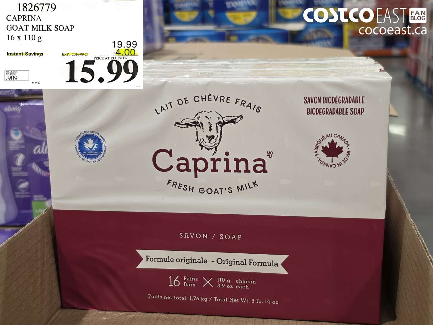 1826779 CAPRINA GOAT MILK SOAP 16 X 110 G ($4.00 INSTANT SAVINGS EXPIRES ON 2026-09-27) $15.99