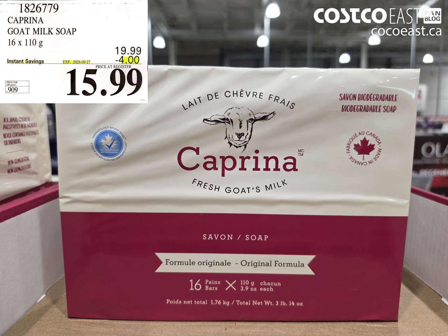 1826779 CAPRINA GOAT MILK SOAP 16 X 110 G ($4.00 INSTANT SAVINGS EXPIRES ON 2026-09-27) $15.99
