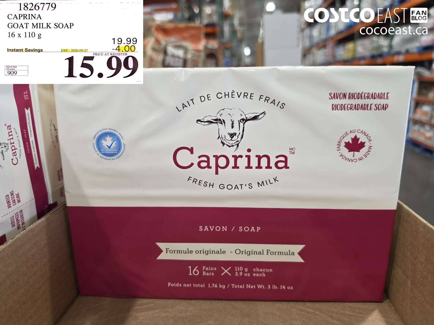 1826779 CAPRINA GOAT MILK SOAP 16 X 110 G ($4.00 INSTANT SAVINGS EXPIRES ON 2026-09-27) $15.99