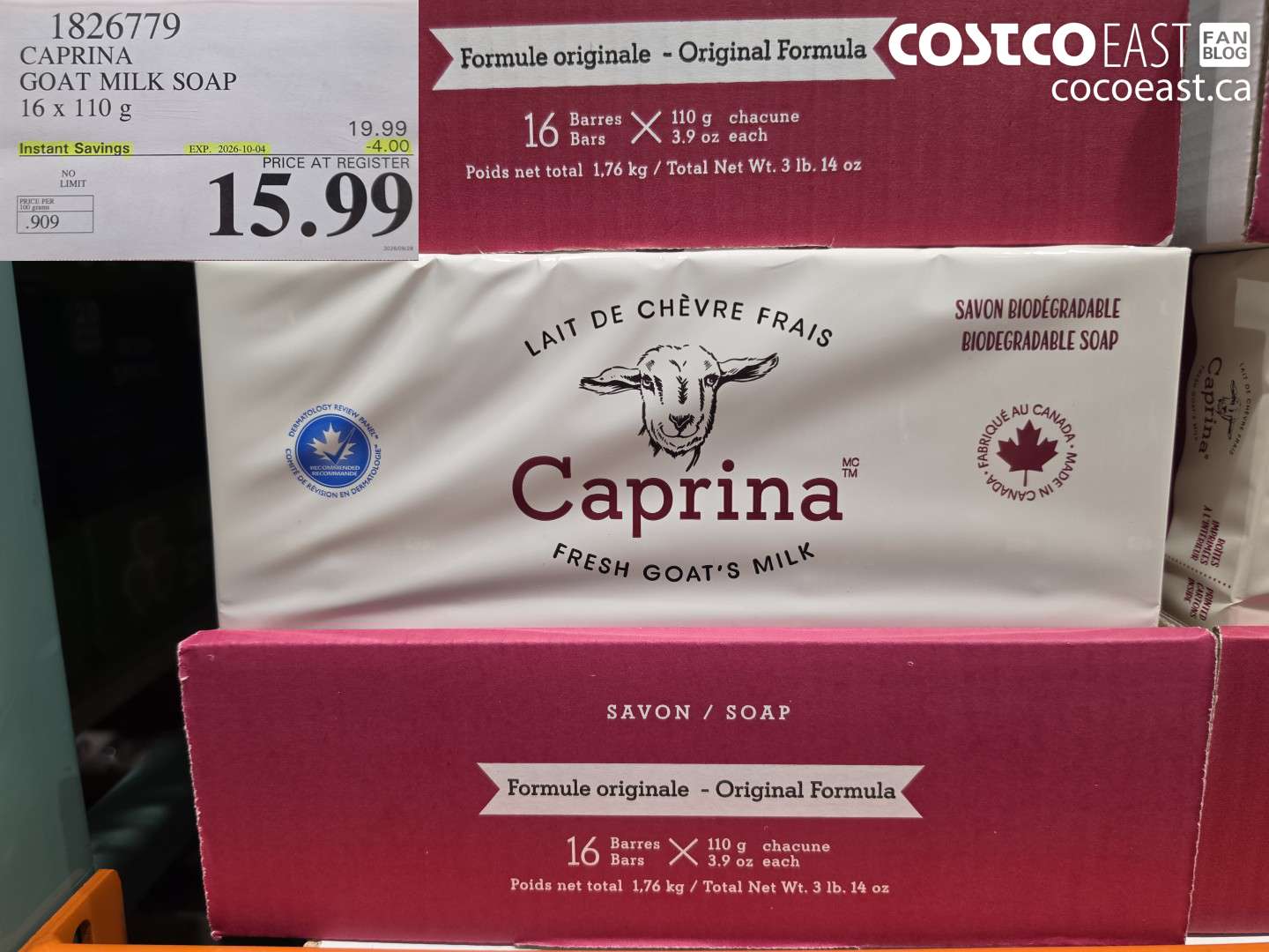1826779 CAPRINA GOAT MILK SOAP 16 X 110 G ($4.00 INSTANT SAVINGS EXPIRES ON 2026-10-04) $15.99