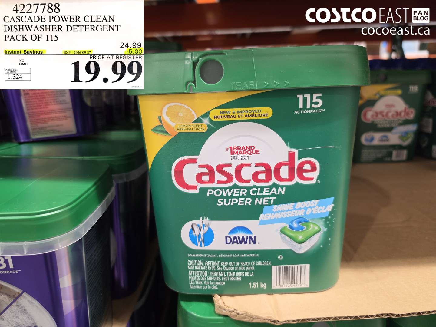 4227788 CASCADE POWER CLEAN DISHWASHER DETERGENT PACK OF 115 ($5.00 INSTANT SAVINGS EXPIRES ON 2026-09-27) $19.99