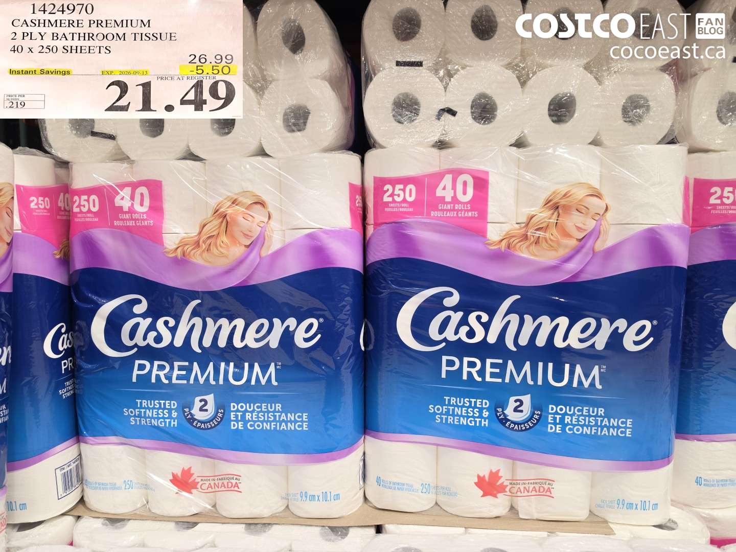 1424970 CASHMERE PREMIUM 2 PLY BATHROOM TISSUE 40 X 250 SHEETS ($5.50 INSTANT SAVINGS EXPIRES ON 2026-09-13) $21.49