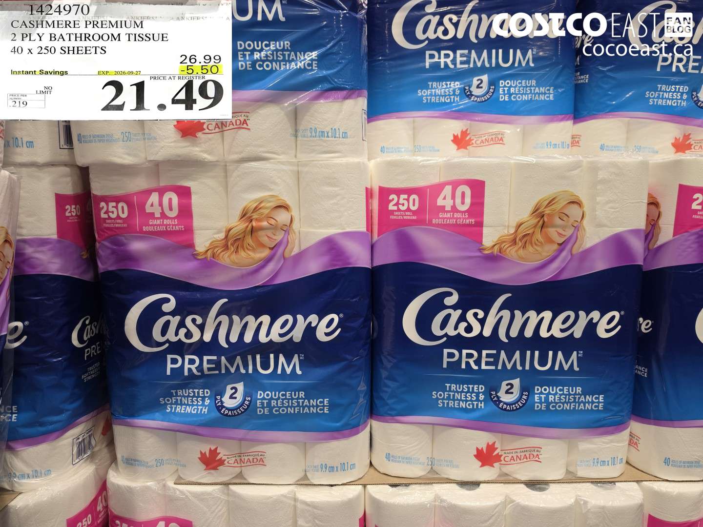 1424970 CASHMERE PREMIUM 2 PLY BATHROOM TISSUE 40 X 250 SHEETS ($5.50 INSTANT SAVINGS EXPIRES ON 2026-09-27) $21.49