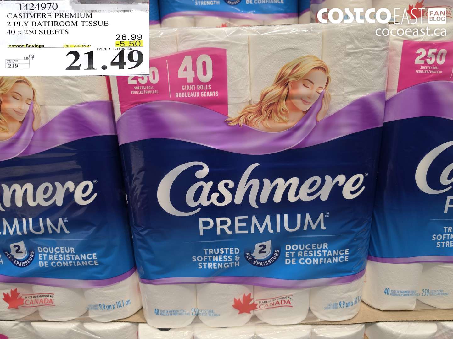 1424970 CASHMERE PREMIUM 2 PLY BATHROOM TISSUE 40 X 250 SHEETS ($5.50 INSTANT SAVINGS EXPIRES ON 2026-09-27) $21.49