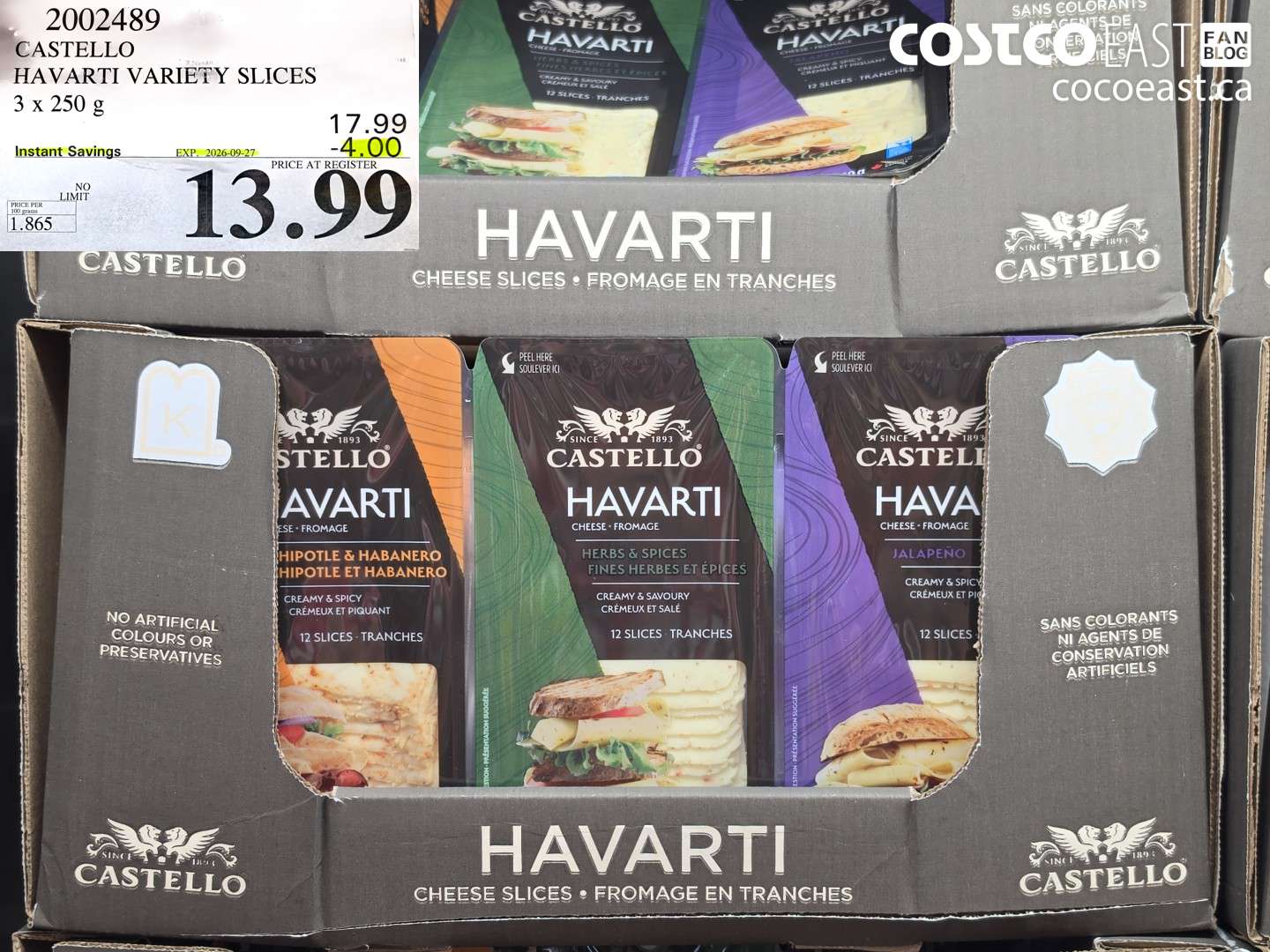 2002489 CASTELLO HAVARTI VARIETY SLICES 3 X 250 G ($4.00 INSTANT SAVINGS EXPIRES ON 2026-09-27) $13.99