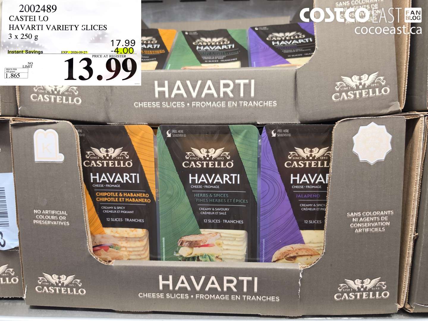 2002489 CASTELLO HAVARTI VARIETY SLICES 3 X 250 G ($4.00 INSTANT SAVINGS EXPIRES ON 2026-09-27) $13.99