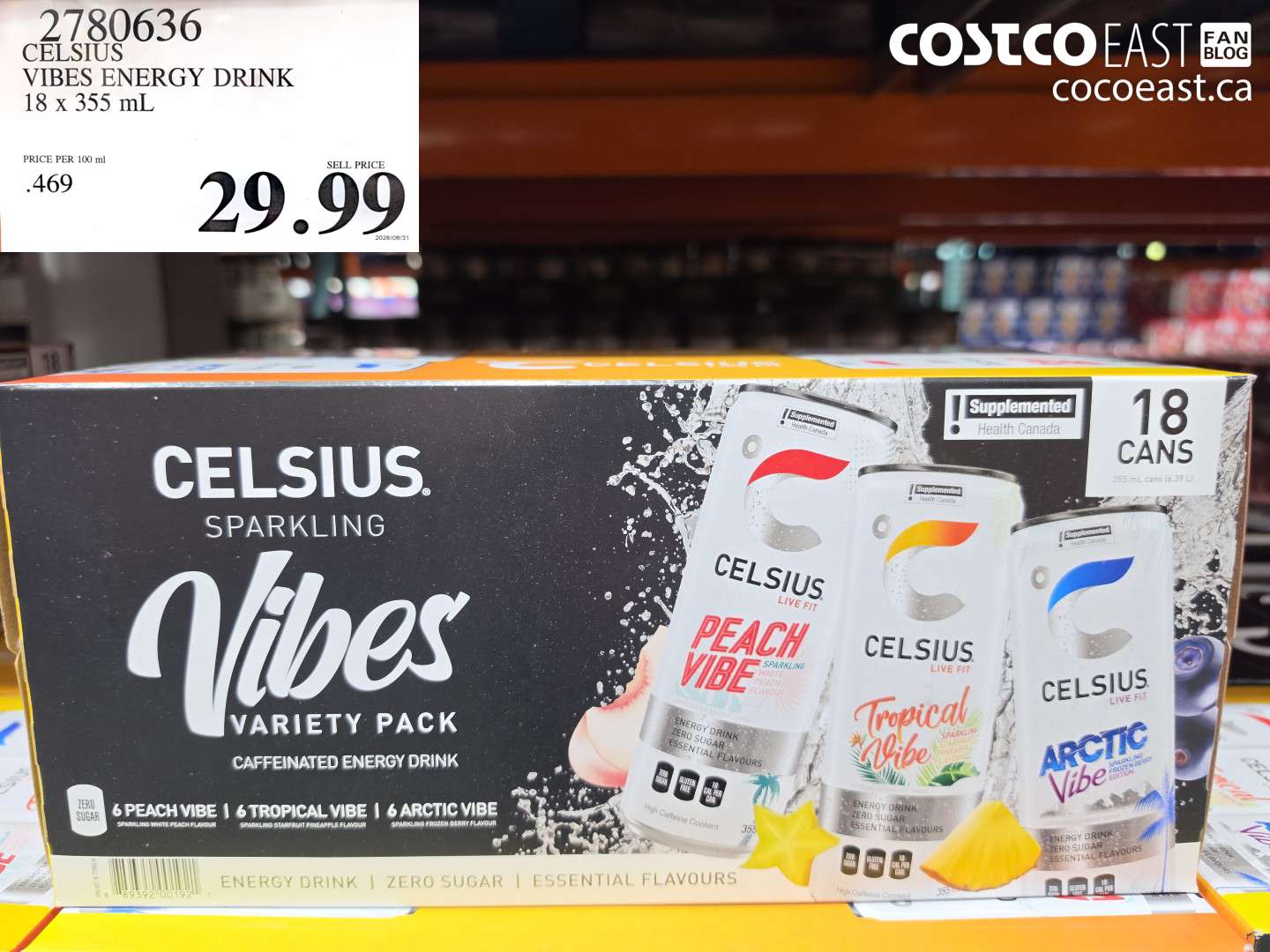 2780636 CELSIUS VIBES ENERGY DRINK 18 X 355 ML $29.99