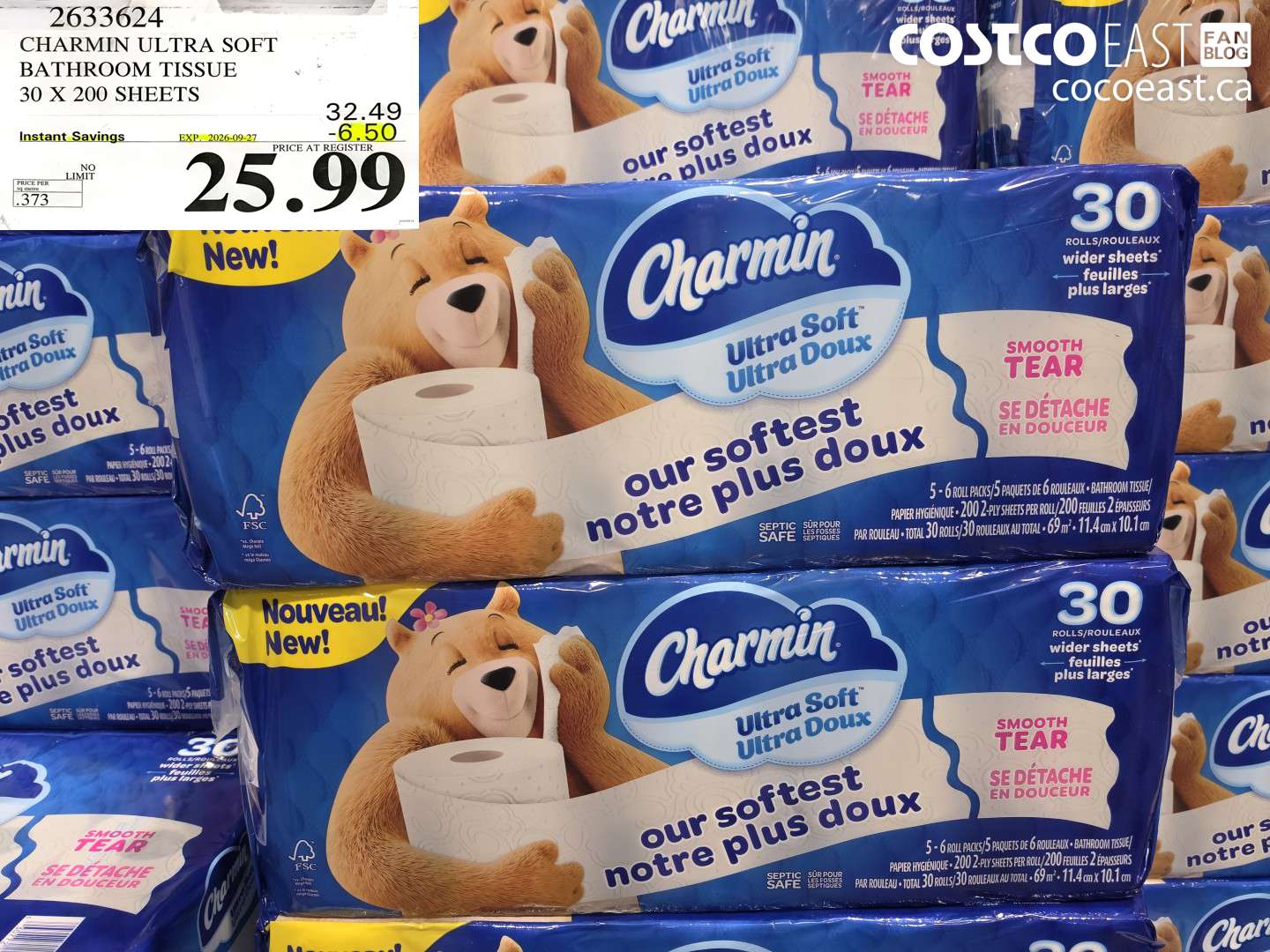 2633624 CHARMIN ULTRA SOFT BATHROOM TISSUE 30 X 200 SHEETS ($6.50 INSTANT SAVINGS EXPIRES ON 2026-09-27) $25.99
