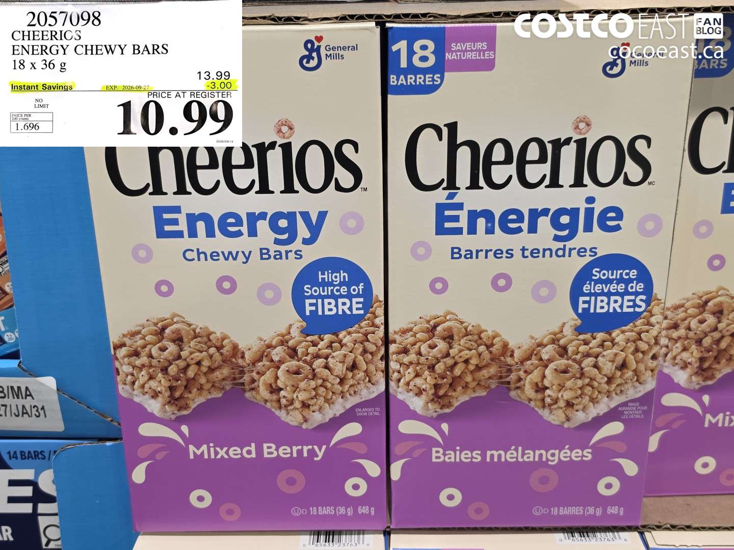 2057098 CHEERIOS ENERGY CHEWY BARS 18 X 36 G ($3.00 INSTANT SAVINGS EXPIRES ON 2026-09-27) $10.99