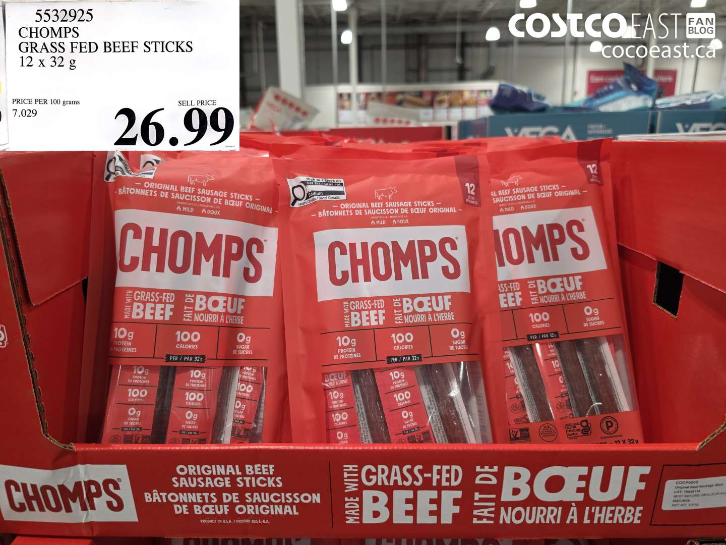 5532925 CHOMPS GRASS FED BEEF STICKS 12 X 32 G $26.99