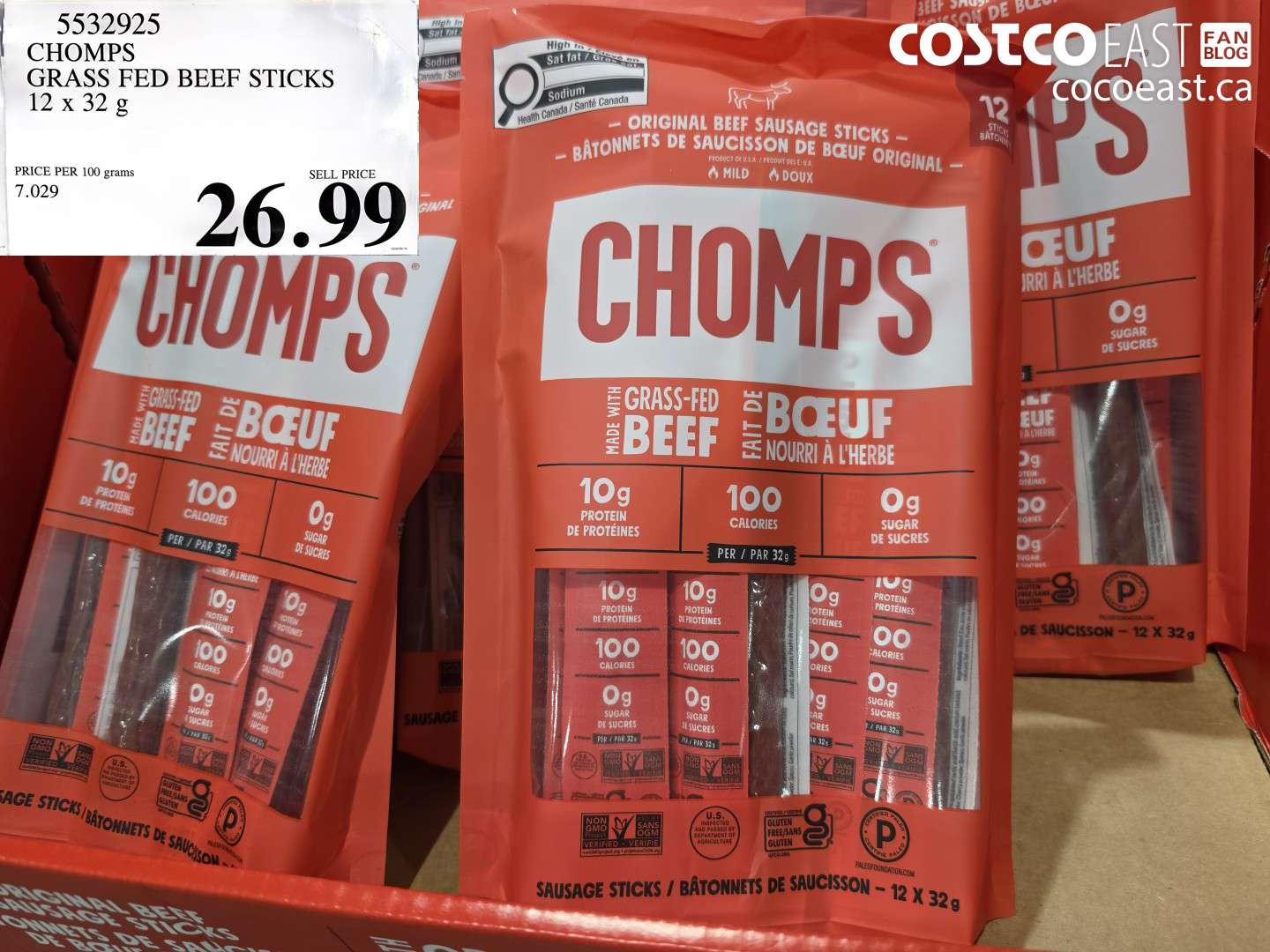 5532925 CHOMPS GRASS FEED BEEF STICKS 12 X 32 G $26.99