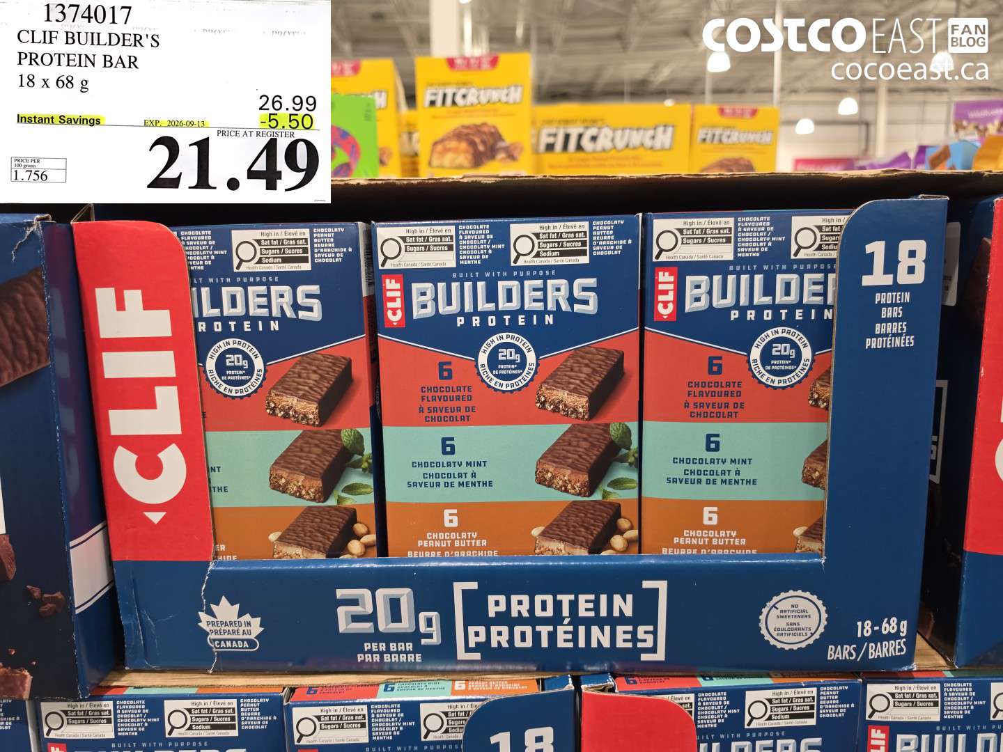 1374017 CLIF BUILDER'S PROTEIN BAR 18 X 68 G ($5.50 INSTANT SAVINGS EXPIRES ON 2026-09-13) $21.49