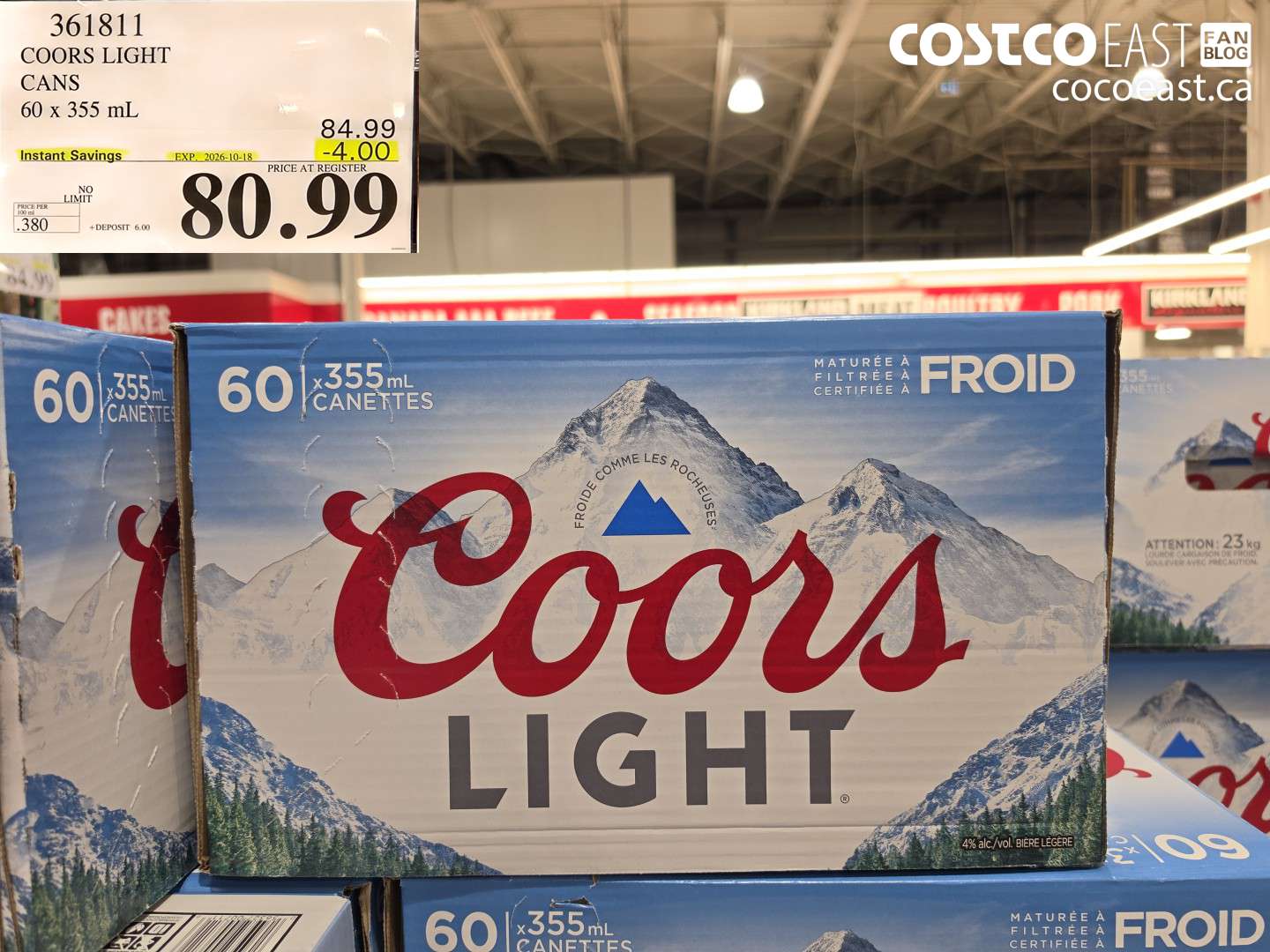 361811 COORS LIGHT CANS 60 X 355 ML ($4.00 INSTANT SAVINGS EXPIRES ON 2026-10-18) $80.99