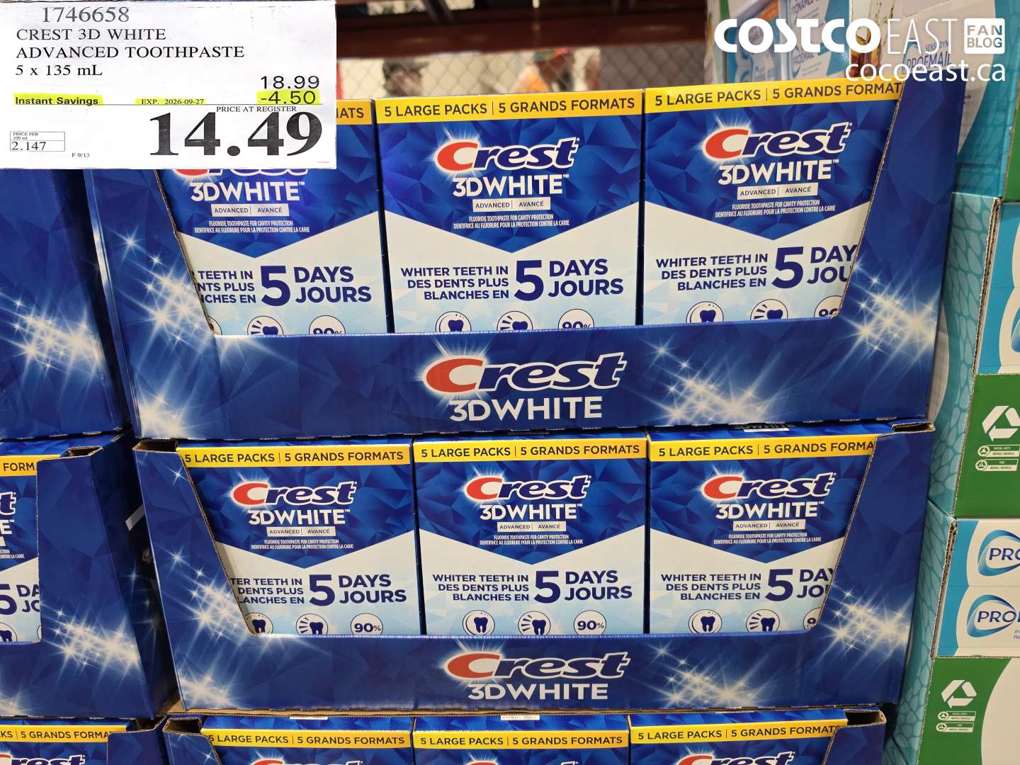 1746658 CREST 3D WHITE ADVANCED TOOTHPASTE 5 X 135 ML ($4.50 INSTANT SAVINGS EXPIRES ON 2026-09-27) $14.49