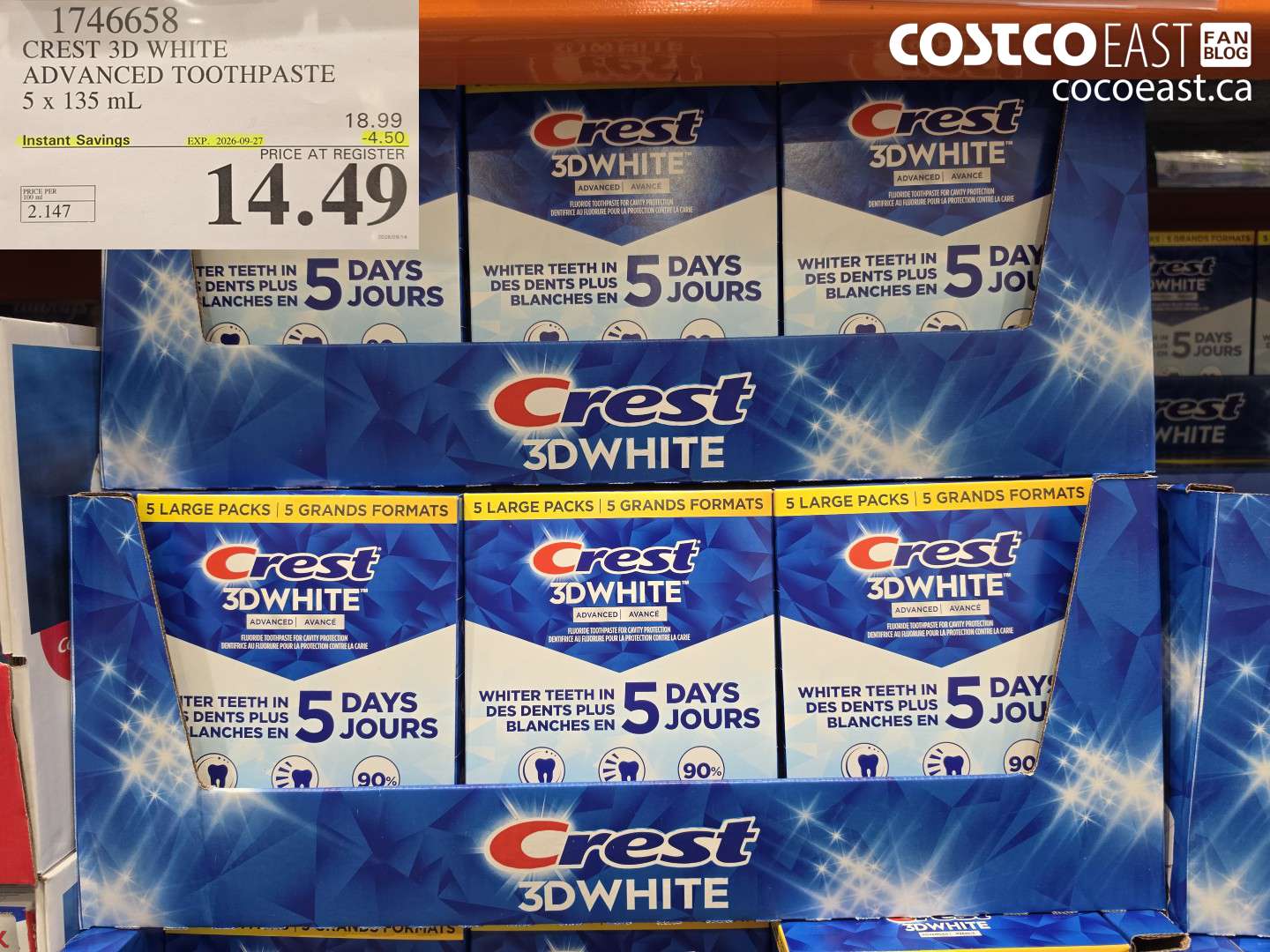 1746658 CREST 3D WHITE ADVANCED TOOTHPASTE 5 X 135 ML ($4.50 INSTANT SAVINGS EXPIRES ON 2026-09-27) $14.49