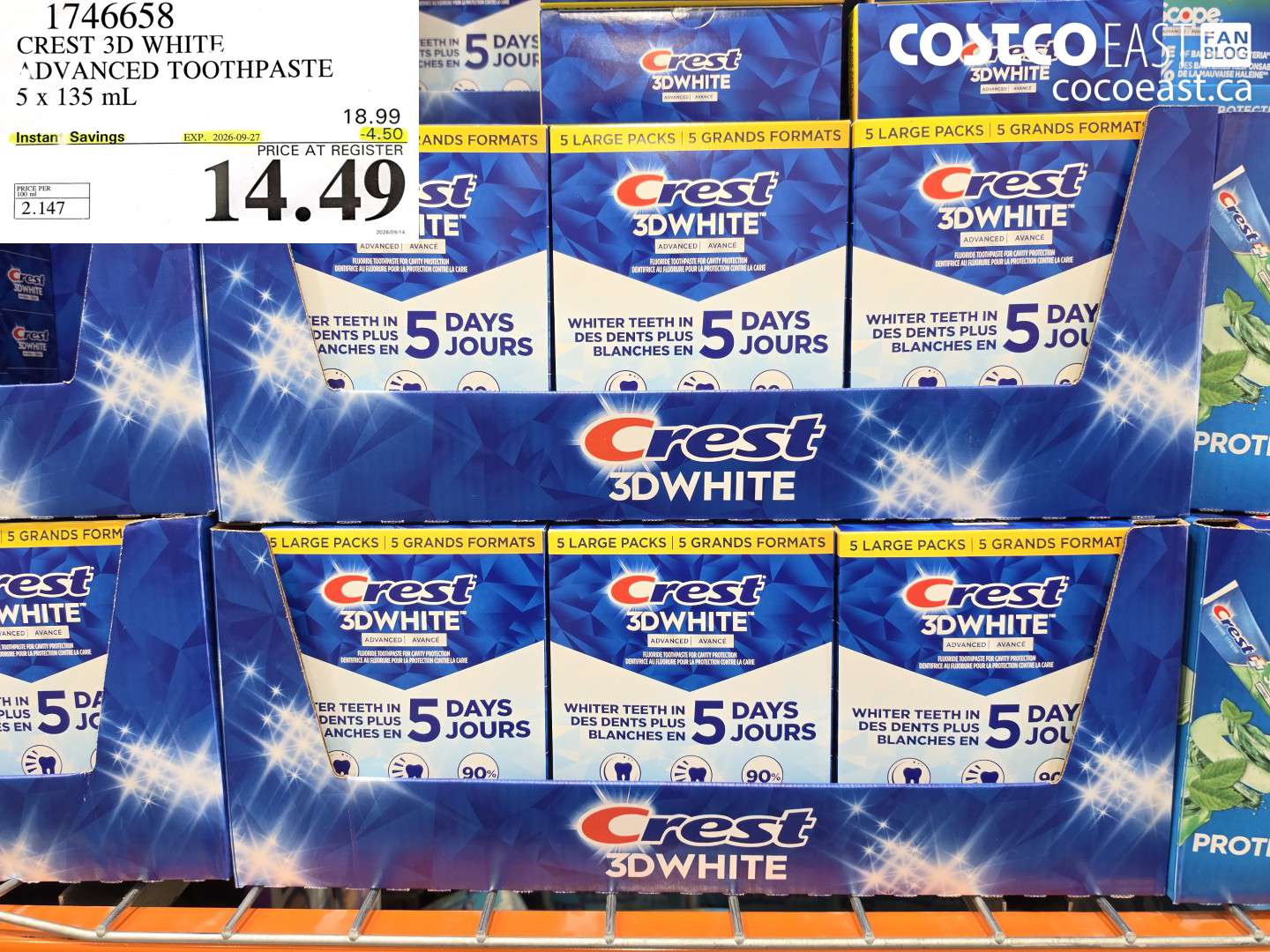 1746658 CREST 3D WHITE ADVANCED TOOTHPASTE 5 X 135 ML ($4.50 INSTANT SAVINGS EXPIRES ON 2026-09-27) $14.49