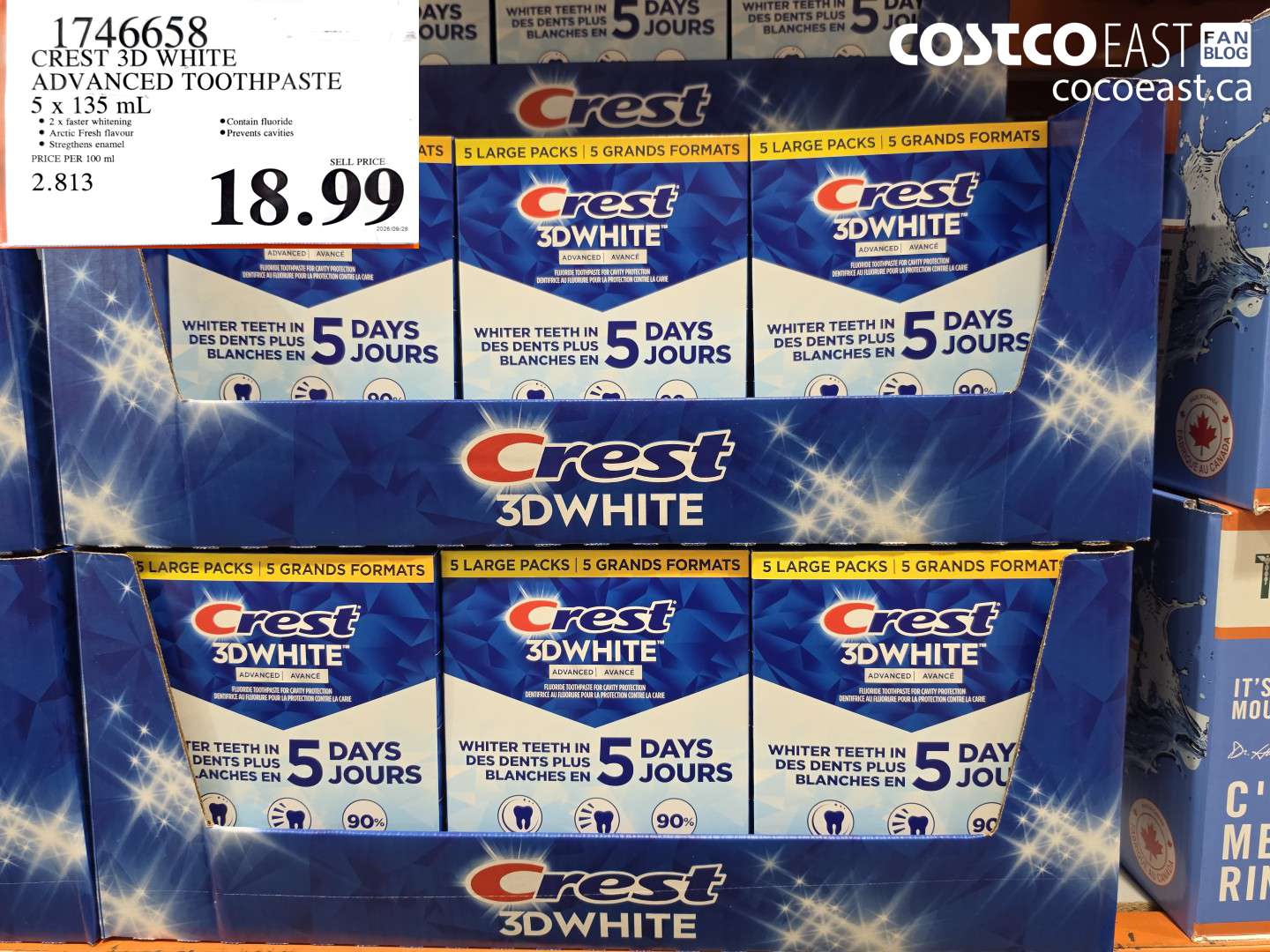 1746658 CREST 3D WHITE ADVANCED TOOTHPASTE 5 X 135 ML $18.99
