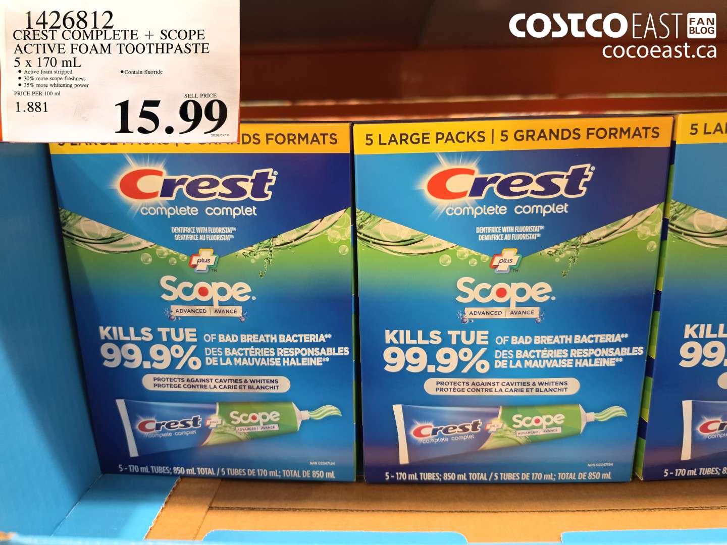 1426812 CREST COMPLETE + SCOPE ACTIVE FOAM TOOTHPASTE 5 X 170 ML $15.99