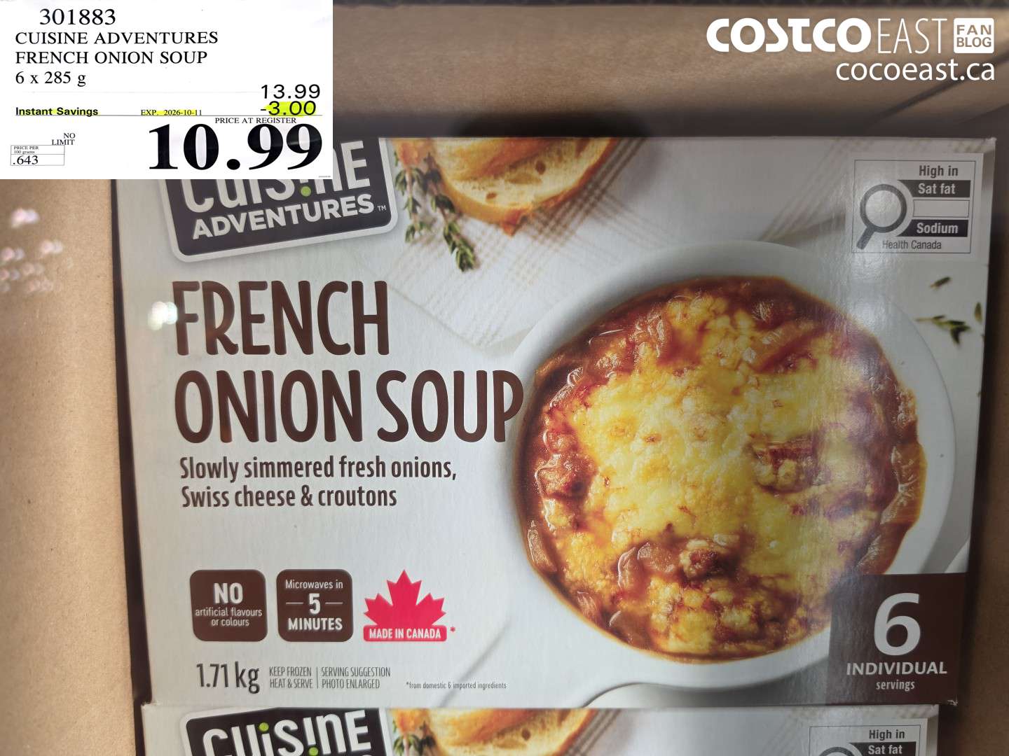 301883 CUISINE ADVENTURES FRENCH ONION SOUP 6 X 285 G ($3.00 INSTANT SAVINGS EXPIRES ON 2026-10-11) $10.99
