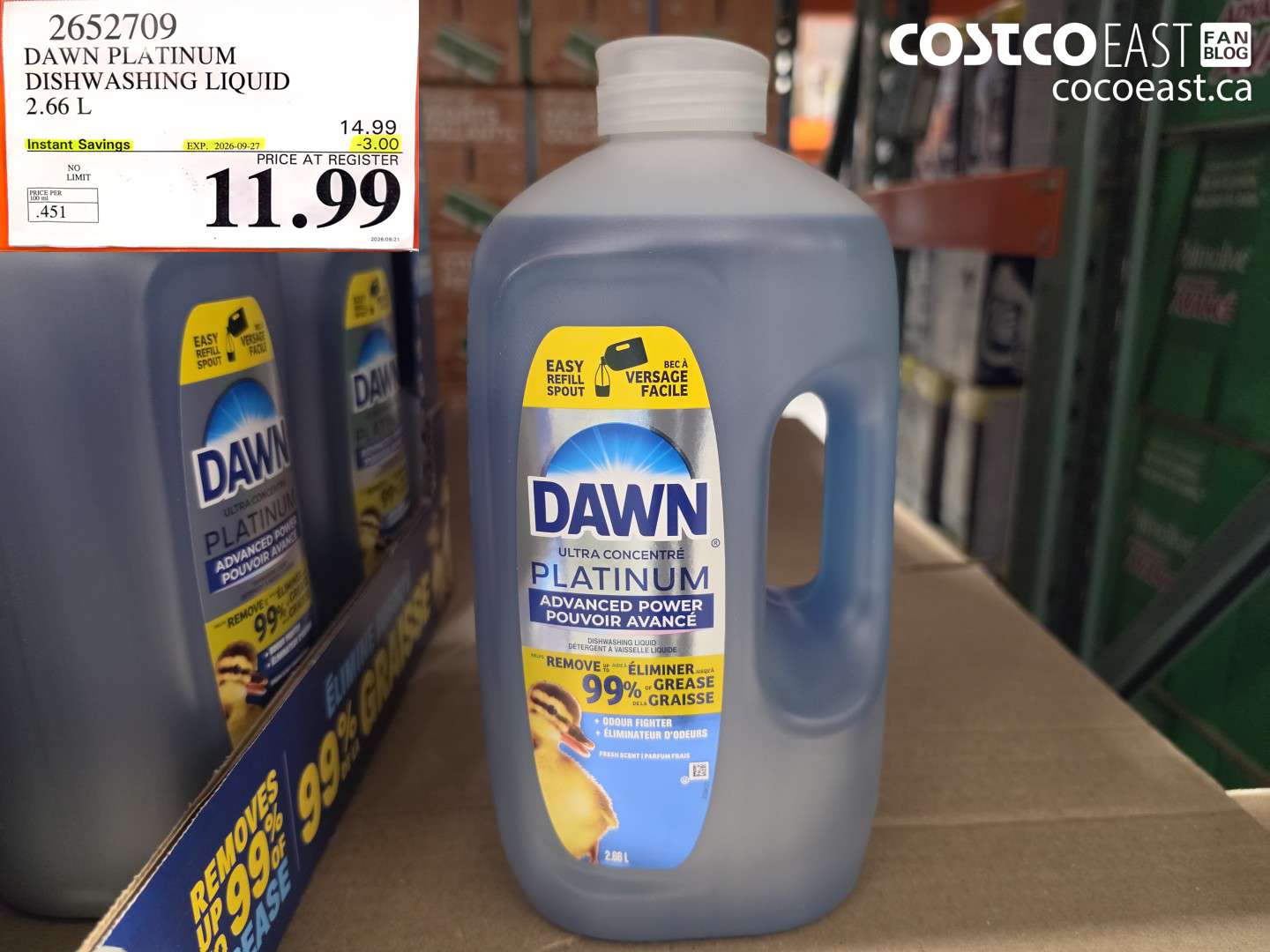 2652709 DAWN PLATINUM DISHWASHING LIQUID 2.66 L ($3.00 INSTANT SAVINGS EXPIRES ON 2026-09-27) $11.99