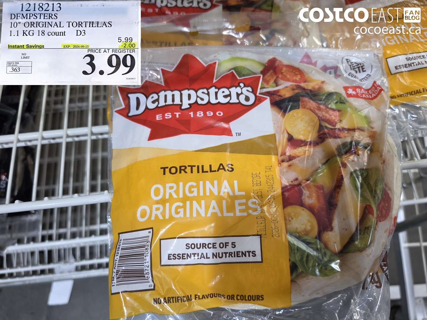 1218213 DEMPSTERS 10 IN ORIGINAL TORTILLAS 1.1 KG 18 COUNT ($2.00 INSTANT SAVINGS EXPIRES ON 2026-09-13) $3.99